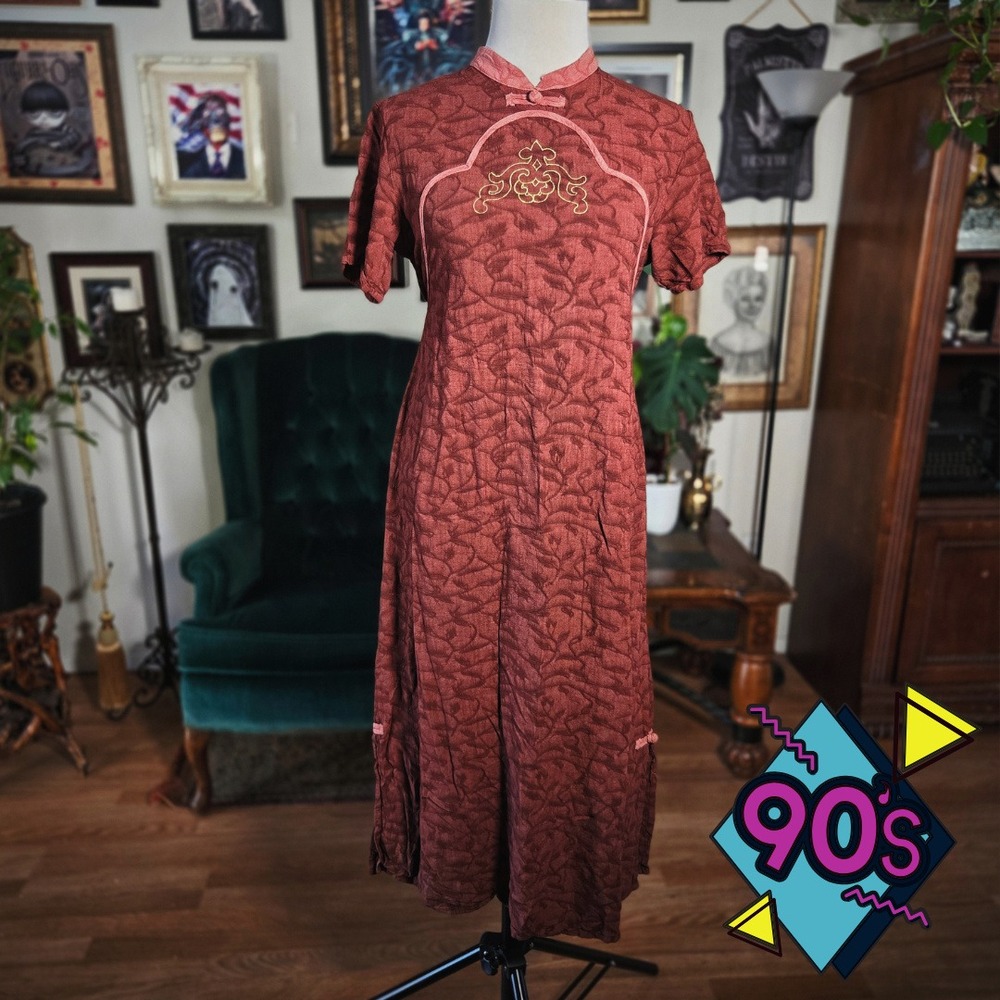 Asian Cheongsam Qipao Dress Vintage 90s Rust Red Embroidered Mandarin Collar S